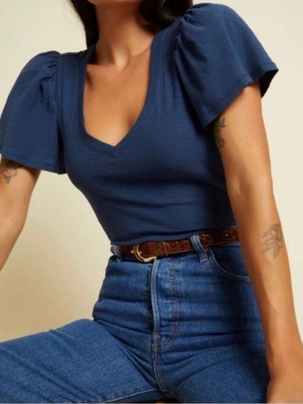 Nation LTD Darcie Flutter Sleeve V Neck Pima Cotton Tee T Shirt Top Blue Medium
